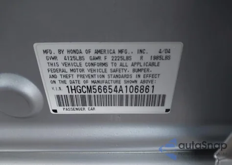 2004 Honda Accord 2.4 Ex from USA, damaged, VIN 1HGCM56654A106861